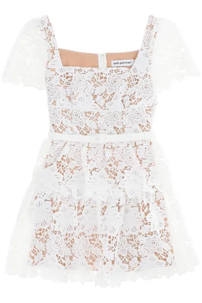 Shop Self-portrait Floral Lace Mini Dress For Women With Square Neckline And Ruched Shoulders In White