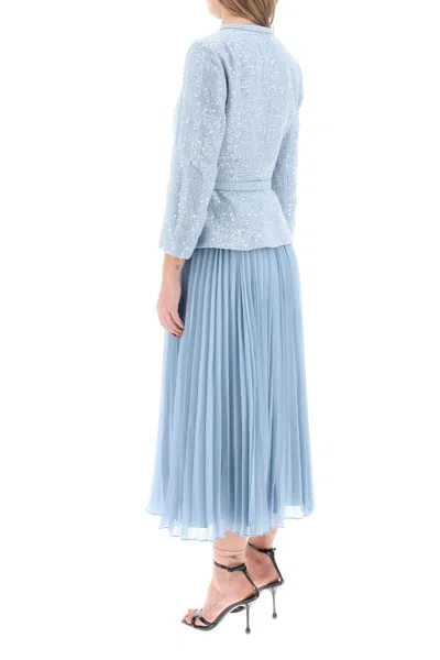 Shop Self-portrait Light Blue Pleated Midi Dress With Sequin Tweed Bodice And Braided Trims