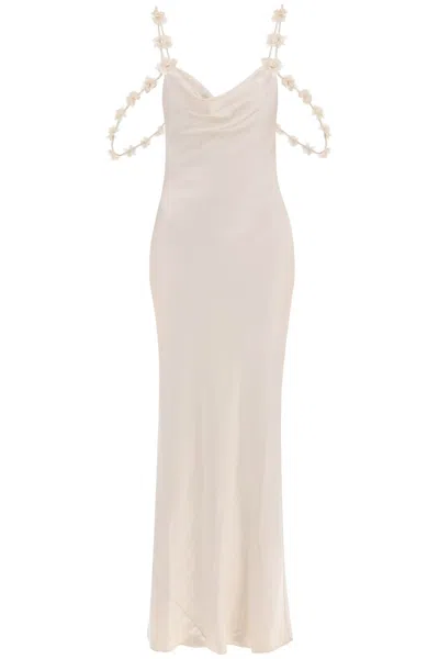 Shop Self-portrait Satin Maxi Dress With Floral Embellishments In Neutral