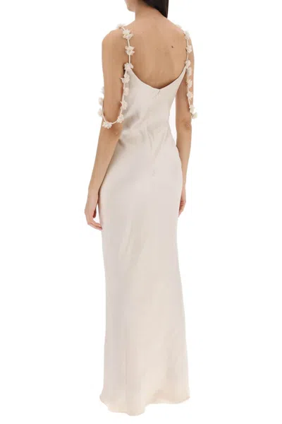 Shop Self-portrait Satin Maxi Dress With Floral Embellishments In Neutral