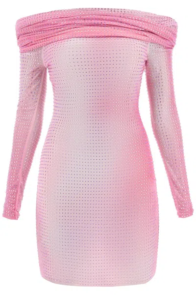 Shop Self-portrait Sparkling Off-shoulder Mini Dress In Studded Pink Mesh