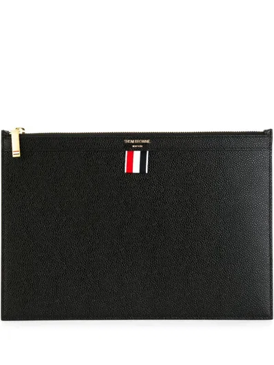 Shop Thom Browne Mini Black Pebble Grain Leather Document Holder With Tri-color Ribbon Detail