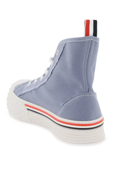 Shop Thom Browne Tricolor Canvas Sneakers With Tartan Sole For Men In Blue In Light Blue