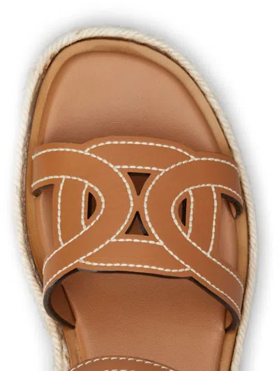 Shop Tod's Brown Leather Wedge Sandals For Women With Raffia Platform