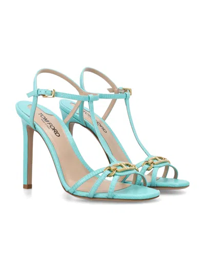 Shop Tom Ford Acqua Sky Stamped Lizard Leather Whitney Sandal For Women | Square Toe Stiletto Heel With Buckle Fas In Aqua