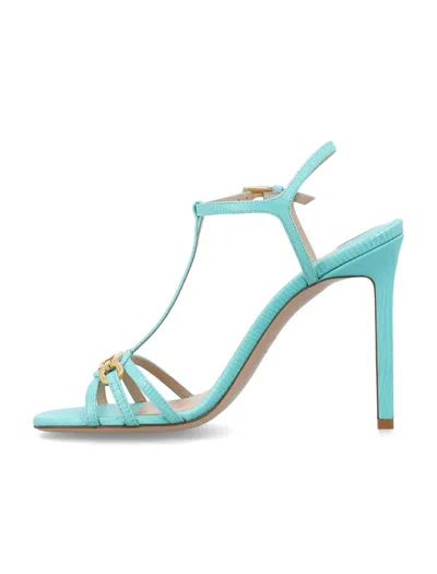 Shop Tom Ford Acqua Sky Stamped Lizard Leather Whitney Sandal For Women | Square Toe Stiletto Heel With Buckle Fas In Aqua