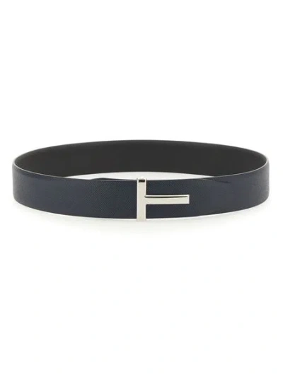 Shop Tom Ford Reversible Leather T Buckle Belt. In Navy