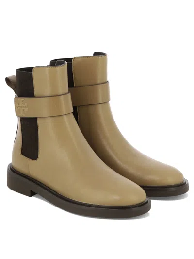 Shop Tory Burch Double T Ankle Boots In Tan