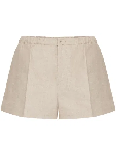Shop Valentino Beige Linen Mid-rise Elastic Waistband Shorts In Tan