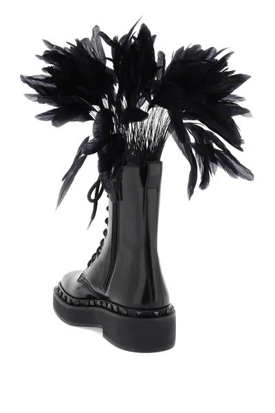 Shop Valentino Laurel Court Leather Combat Boots With Feathers In Black
