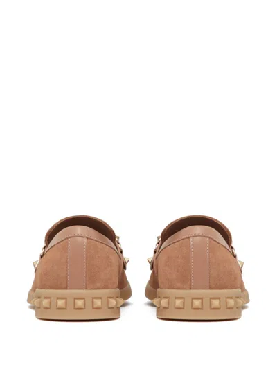 Shop Valentino Women's Camel Calf Leather Loafers With Rockstud Embellishment And Almond Toe In Beige
