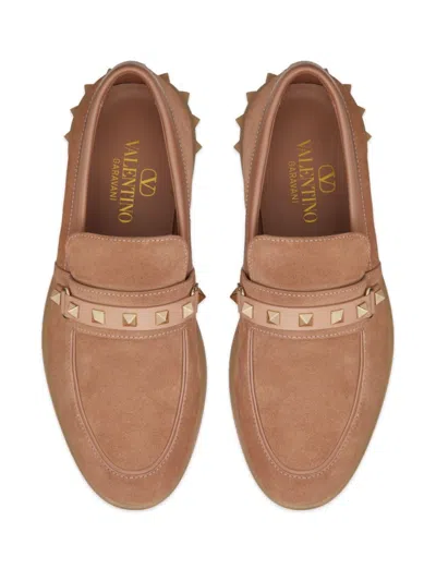 Shop Valentino Women's Camel Calf Leather Loafers With Rockstud Embellishment And Almond Toe In Beige