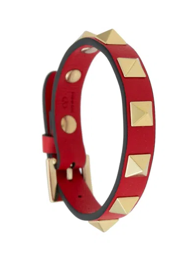 Shop Valentino Rockstud Leather Bracelet In Red