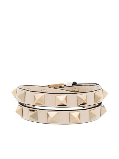 Shop Valentino Rockstud Leather Bracelet In White