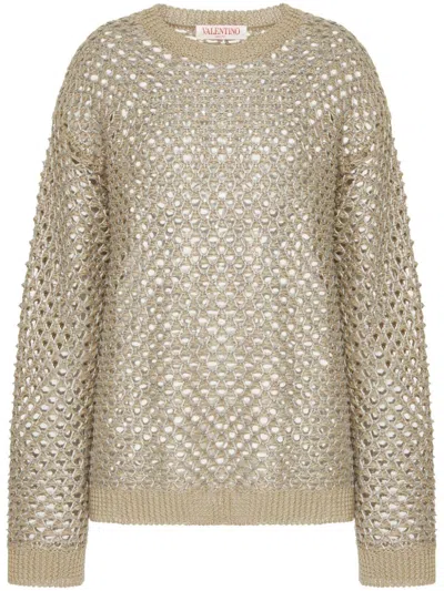 Shop Valentino Light Beige Linen Open Knit Crewneck Sweater For Women | Ss24 In Tan