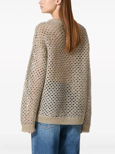 Shop Valentino Light Beige Linen Open Knit Crewneck Sweater For Women | Ss24 In Tan