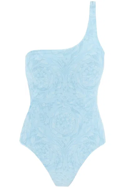 Shop Versace Baroque One-shoulder Swimsuit In Light Blue