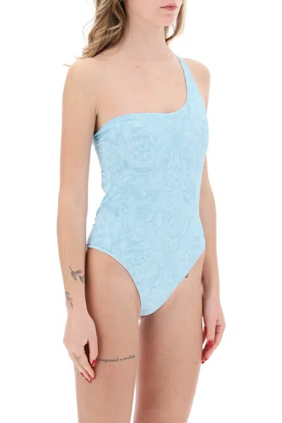 Shop Versace Baroque One-shoulder Swimsuit In Light Blue