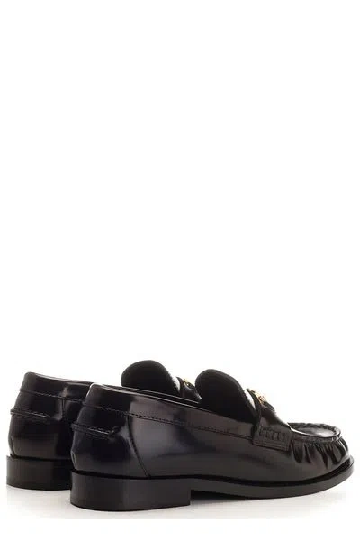 Shop Versace Black Glossy Leather Moccasins With Metal Medusa Detail For Women