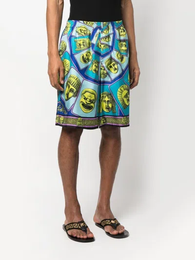Shop Versace Blue Printed Silk Men's Shorts For Ss23 In Navy