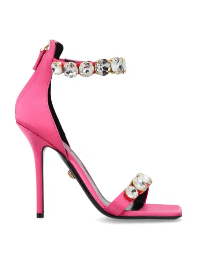 Shop Versace Crystal Satin Sandals In Pink