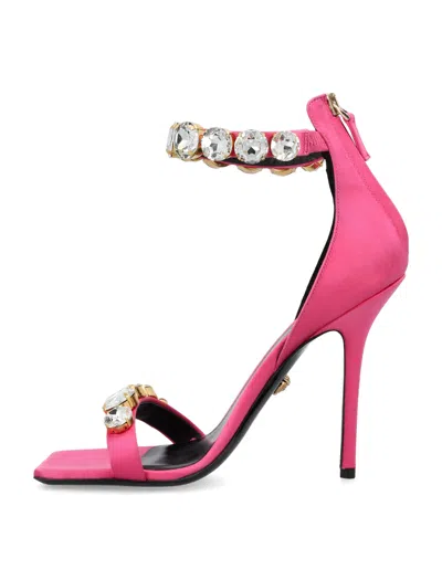 Shop Versace Crystal Satin Sandals In Pink
