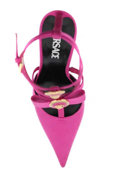 Shop Versace Fuchsia Silk-blend Satin Pumps With Gianni Ribbon Bows For Women