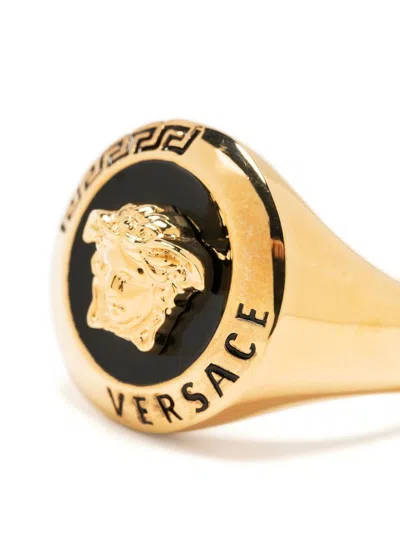 Shop Versace Gold-tone/black Medusa Plaque Ring For Men In Golden