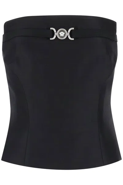 Shop Versace Black Wool And Silk Bustier Top With Medusa Detail