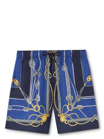 Shop Versace Men's Nautical Print Swim Shorts In Blue Gold