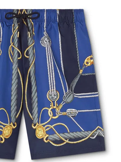 Shop Versace Men's Nautical Print Swim Shorts In Blue Gold