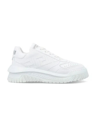 Shop Versace Mens Leather Low-top Odissea Trainers With Greek Motif And Debossed Logo In White