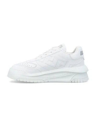 Shop Versace Mens Leather Low-top Odissea Trainers With Greek Motif And Debossed Logo In White