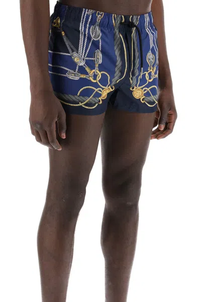 Shop Versace Nautical Print Men's Swim Trunks For Ss24 In Navy