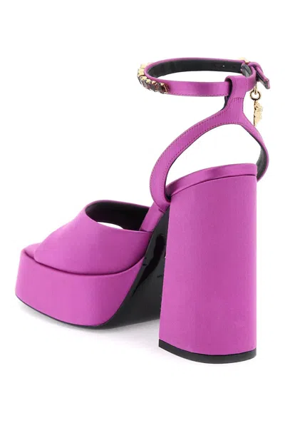Shop Versace Purple Silk Satin Aevitas Sandals With Medusa Charm And Crystals