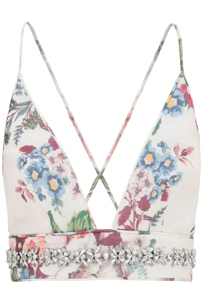 Shop Zimmermann Floral Print Embellished Bra Top In Linen-silk In White