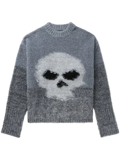 Shop Erl Glitter Skull Intarsia Sweater In Gray