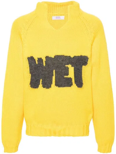 Shop Erl Open Neck Wet Intarsia Raglan Sweater In Yellow