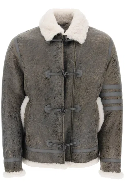 Shop Thom Browne Shearling Cropped Montgomery Jacket In 灰色的