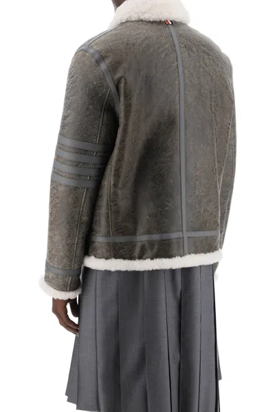 Shop Thom Browne Shearling Cropped Montgomery Jacket In 灰色的