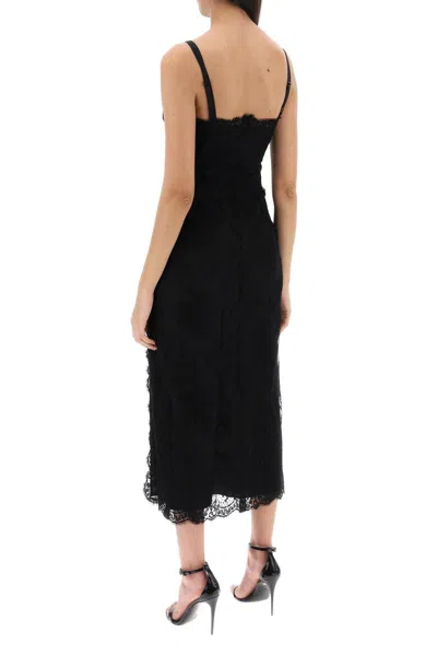 Shop Dolce & Gabbana Midi Lace Dress With Slit In 黑色的