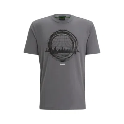 Shop Hugo Boss Stretch-cotton Regular-fit T-shirt With Seasonal Artwork In Grey