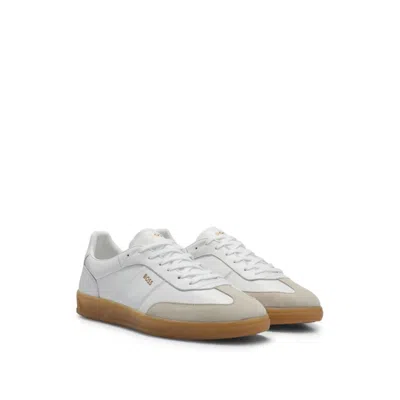 Shop Hugo Boss Leather And Suede Trainers With Embossed Logos In White