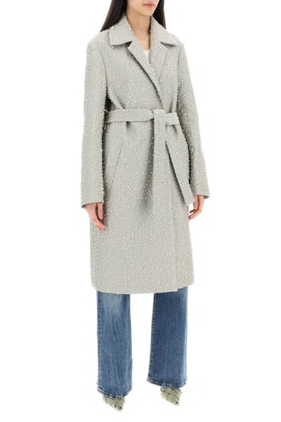 Shop Dries Van Noten "jacquard Fabric Coat With Pearl Embell In Argento