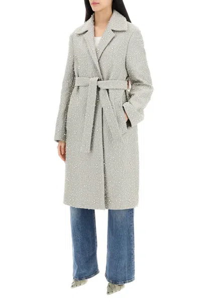 Shop Dries Van Noten "jacquard Fabric Coat With Pearl Embell In Argento