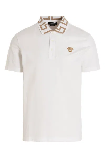 Shop Versace Men 'greca' Polo Shirt In White