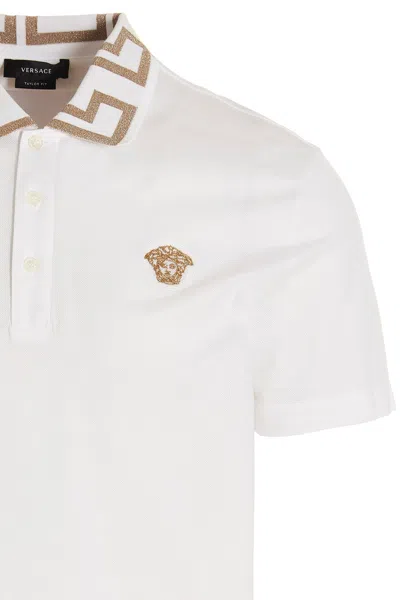 Shop Versace Men 'greca' Polo Shirt In White