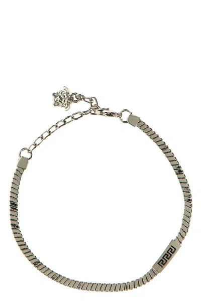 Shop Versace Men Logo Metal Bracelet In Silver