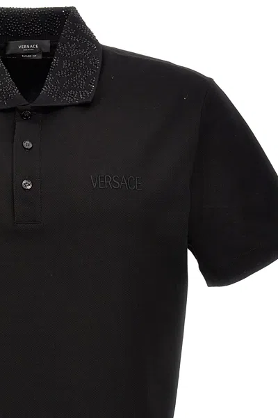Shop Versace Men Logo Sequin Polo Shirt In Black