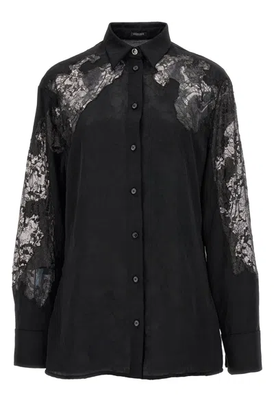 Shop Versace Women Satin Lace Shirt In Black